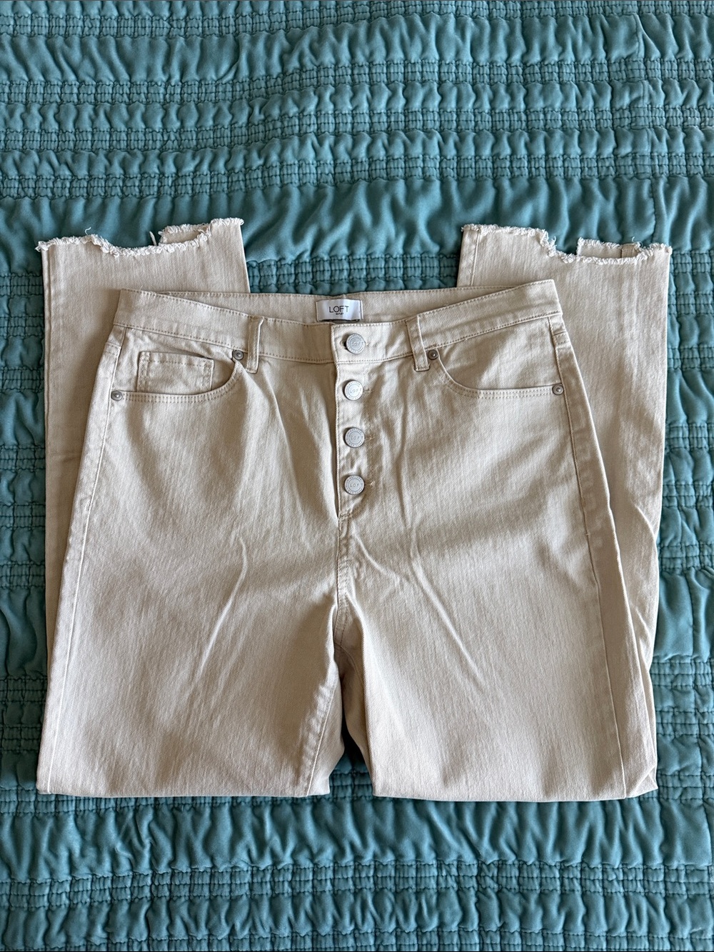 LOFT Button-Fly Straight Leg Jeans in Cream